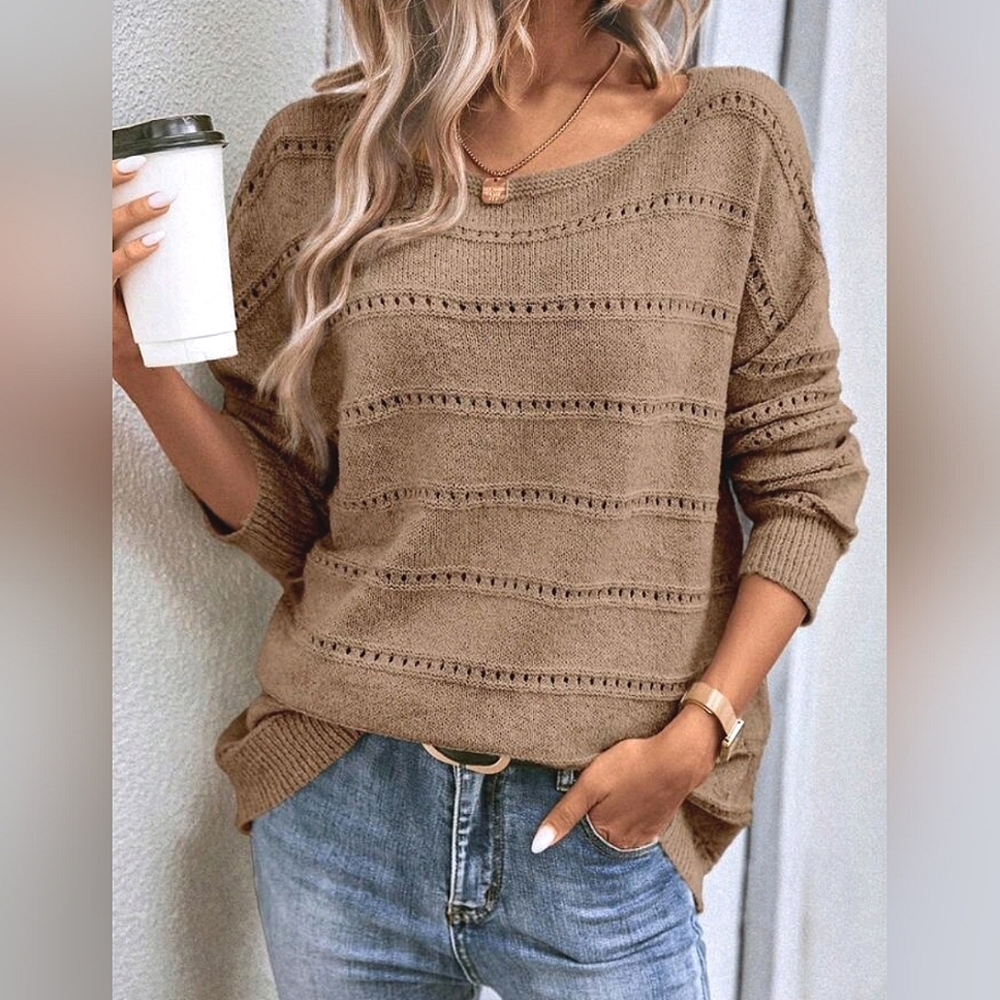 New Chic Open Knit Stripe Top Sweater Khaki Tan
